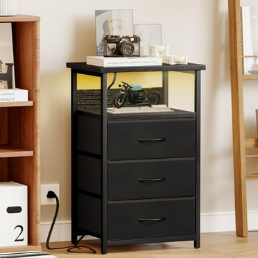 Fairy Nightstand with Charging Station, LED Nightstand with USB Ports and Outlets, 3 Fabric Storage Drawers with PU Finish, Bed Side Table for Bedroom, Living Room, Black