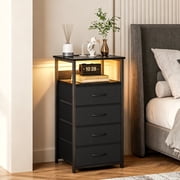 Fairy Nightstand with Charging Station and LED Light, Side Table with 4 Fabric Drawers, Bedside End Table, Night Stand for Bedroom, Black