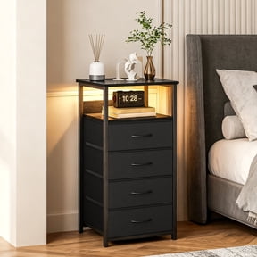 Fairy Nightstand with Charging Station and LED Light, Side Table with 4 Fabric Drawers, Bedside End Table, Night Stand for Bedroom, Black