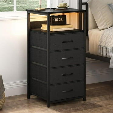 Fairy Nightstand with Charging Station, Tall Nightstand with U-S-B Ports and Outlets, 4 Fabric Storage Drawers with PU Finish, Small Dresser Bed Side Table, Black