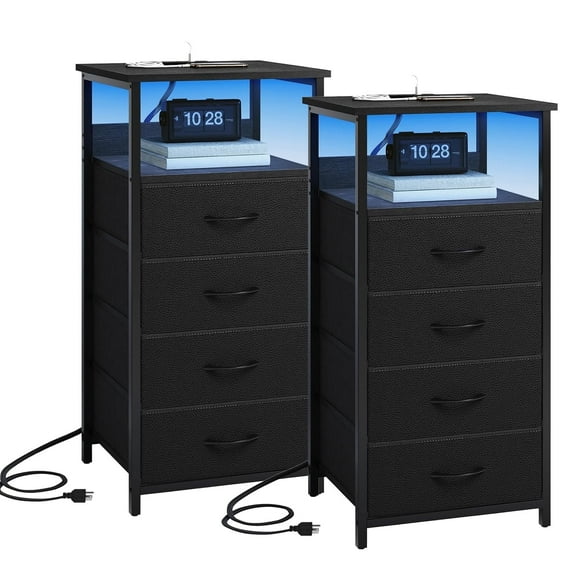 Fairy Nightstand Set of 2, 4 Drawer Night Stand with Charging Station, LED Bedside Table, Storage Side Table for Bedroom, Black