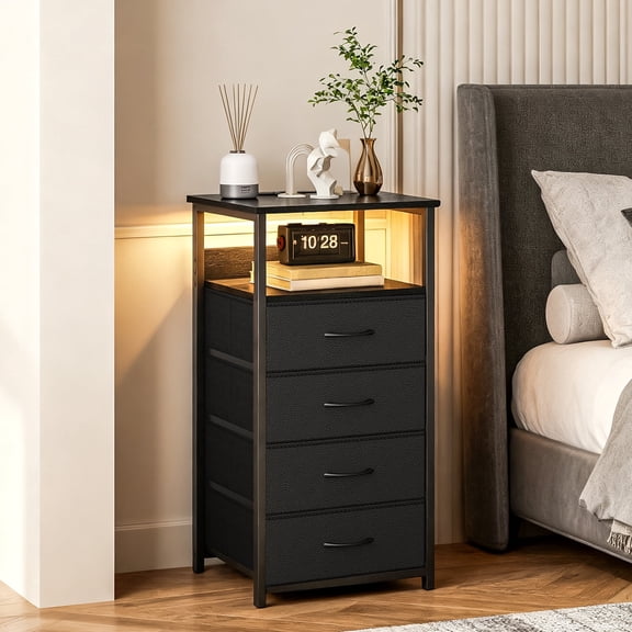 Fairy Nightstand with Charging Station and LED Light, Side Table with 4 Fabric Drawers, Bedside End Table, Night Stand for Bedroom, Black