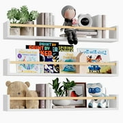 Fairy Nursery Book Shelves, 23.6 Inch Floating Bookshelves for Wall Set of 3, Baby Nursery Decor, Solid Wood Wall Mounted Shelves for Books, Toys and Decor Storage (White and Natural Wood)