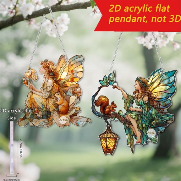 Fairy Ornament Acrylic Suncatcher – Stained Glass Style Fairy Sitting on Branch with Squirrel & Lantern, Fantasy Window Hanging Decor, Enchanted Forest Ornament, for Women