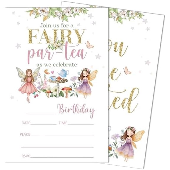 Fairy Par-Tea Birthday Invitations, Fairy Tea Birthday Party Invitations, 20 Fill-in Style Invitation Cards with Envelopes for Girls Boys, Tea Party Decoration Favor (4"x6")-B26