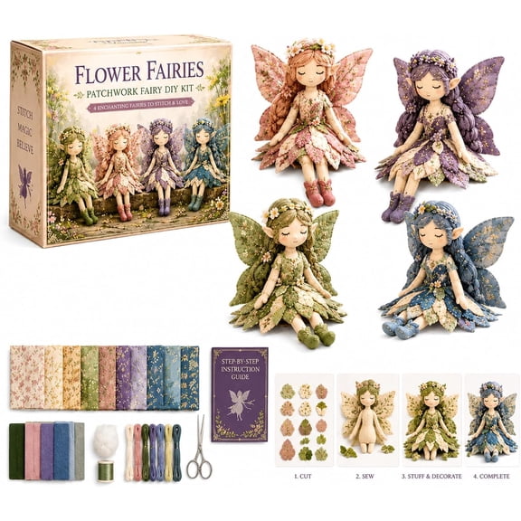 Fairy Patchwork DIY Collection, 2026 Fun Flower Fairies Patchwork Sewing Kit, Handcrafted Pixie Apparel Textile, Artisanal Fabric Nymph Project, Creative Manual Sewing Craft (Flower Fairies)