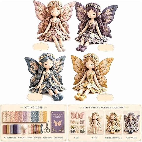 Fairy Patchwork DIY Collection, 4Pcs DIY Fairy Doll Craft Kit with Fabric, Fun Flower Fairies Patchwork Sewing Kit for Beginner, Enchanted Fairies Gift for Girls,Butterfly Fairies