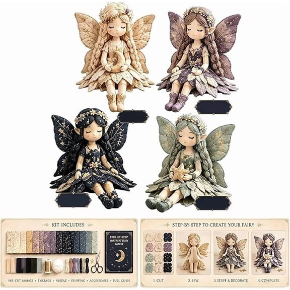 Fairy Patchwork DIY Collection, 4Pcs DIY Fairy Doll Craft Kit with Fabric, Fun Flower Fairies Patchwork Sewing Kit for Beginner, Enchanted Fairies Gift for Girls,Moonlight Fairies