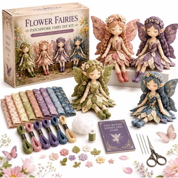 Fairy Patchwork DIY Collection, All-In-One Sewing Craft Kit With Fabric & Tools, Create 4 Enchanting Winged Fairy Dolls, A Relaxing Hobby For Adults And Teens