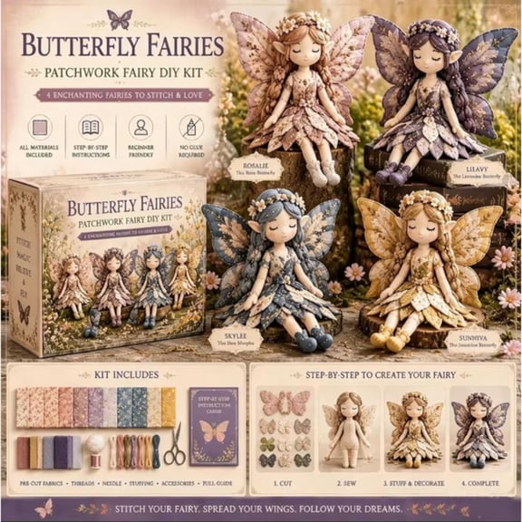 Fairy Patchwork DIY Collection, Complete Stitching Kit To Create 4 Adorable Cloth Fairies, A Perfect Thoughtful Handmade Gift Idea For Crafty Friends Or Family Members