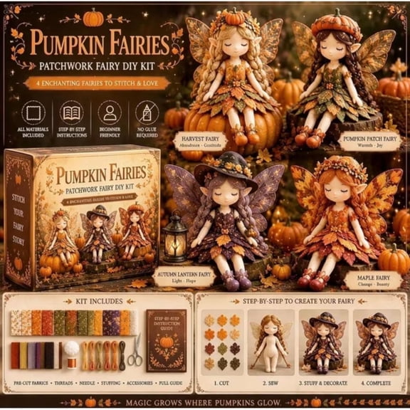 Fairy Patchwork DIY Collection, Complete Stitching Kit To Create 4 Adorable Cloth Fairies, A Perfect Thoughtful Handmade Gift Idea For Crafty Friends Or Family Members