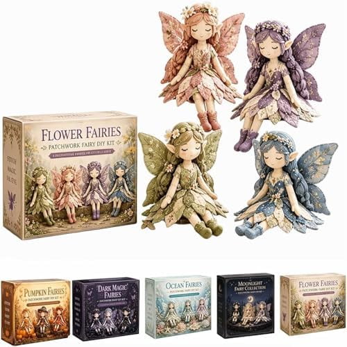 Fairy Patchwork DIY Collection, Flower Fairies Patchwork Sewing Kit, Make 4pcs Winged Elf Cloth Dolls, Artisanal Fabric Nymph Project, Creative Home Decor Handmade Gift for Craft Lovers (#A)