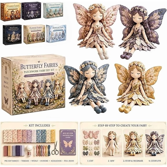 Fairy Patchwork DIY Collection, Flower Fairies Sewing Kit with Pre-Cut Fabric & Accessories, Make 4pcs Winged Fairy Doll Craft Set, Complete DIY Sewing Supplies for Beginners, Decor Gift