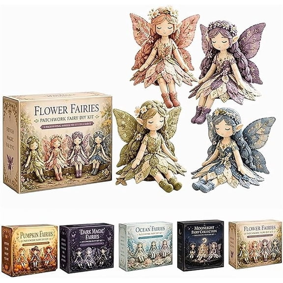 Fairy Patchwork DIY Collection, Flower Fairies Sewing Kit with Pre-Cut Fabric & Accessories, Make 4pcs Winged Fairy Doll Craft Set, Complete DIY Sewing Supplies for Beginners, Decor Gift
