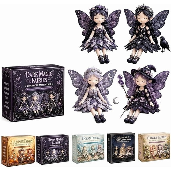 Fairy Patchwork DIY Collection, Flower Fairies Sewing Kit with Pre-Cut Fabric & Accessories, Make 4pcs Winged Fairy Doll Craft Set, Complete DIY Sewing Supplies for Beginners, Decor Gift