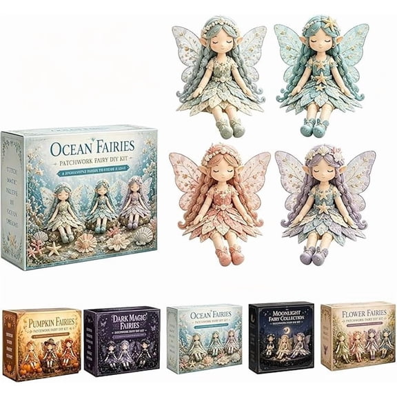 Fairy Patchwork DIY Collection, Fun Flower Fairies Handmade Patchwork Sewing Kit,Make 4PCS Winged Elf Cloth Doll for Adults & Beginners with Pre-Cut Materials,Fabric Full Supplies,Ocean Fairies