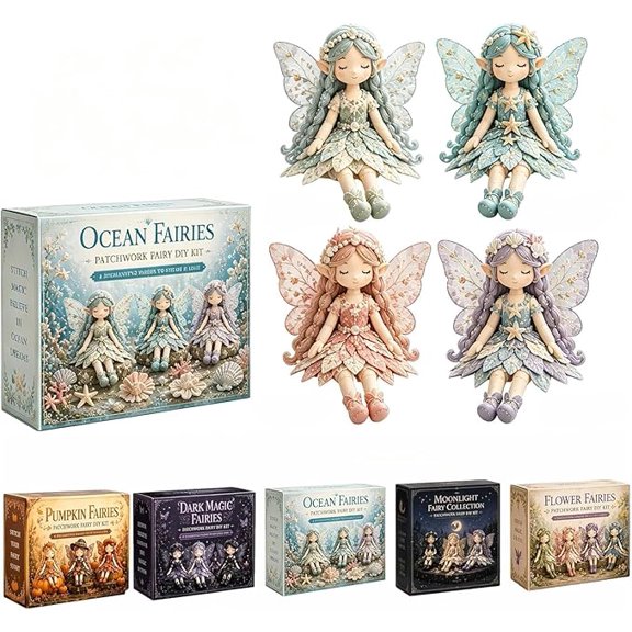 Fairy Patchwork DIY Collection, Fun Flower Fairies Handmade Patchwork Sewing Kit,Make 4PCS Winged Elf Cloth Doll for Adults & Beginners with Pre-Cut Materials,Fabric Full Supplies,Ocean Fairies