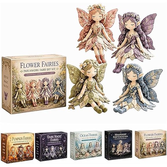 Fairy Patchwork DIY Collection, Fun Flower Fairies Handmade Patchwork Sewing Kit,Make 4PCS Winged Elf Cloth Doll for Adults & Beginners with Pre-Cut Materials,Fabric Full Supplies,Flower Fairies