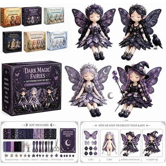 Fairy Patchwork DIY Collection, Fun Flower Fairies Patchwork Sewing Kit, Make 4pcs Winged Elf Cloth Doll, Fabric Full Supplies DIY Craft Set for Beginner Crafters, Home Decor Unique Handmade Gift