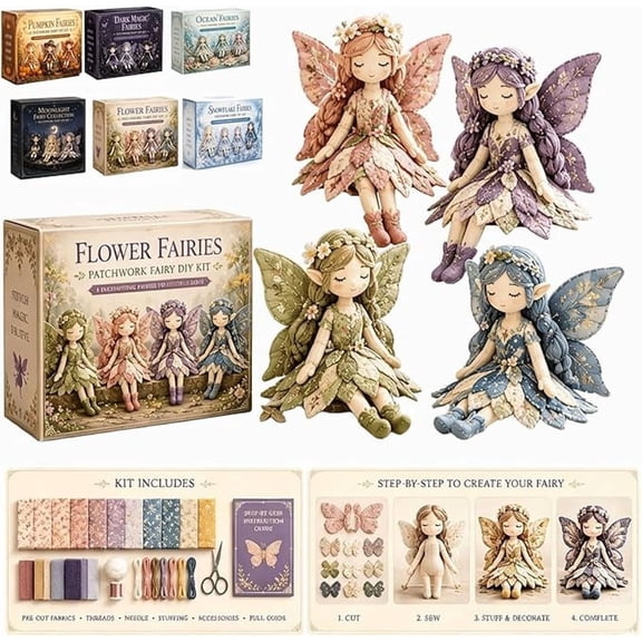 Fairy Patchwork DIY Collection, Fun Flower Fairies Patchwork Sewing Kit, Make 4pcs Winged Elf Cloth Doll, Fabric Full Supplies DIY Craft Set for Beginner Crafters, Home Decor Unique Handmade Gift