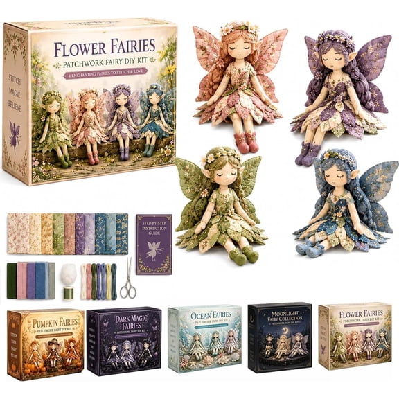 Fairy Patchwork DIY Collection, Fun Flower Fairy Patchwork Sewing Kit, Make 4pcs Winged Elf Cloth Dolls, Complete Fabric Supplies DIY Craft Set for Beginner Crafters, Home Handmade Gift