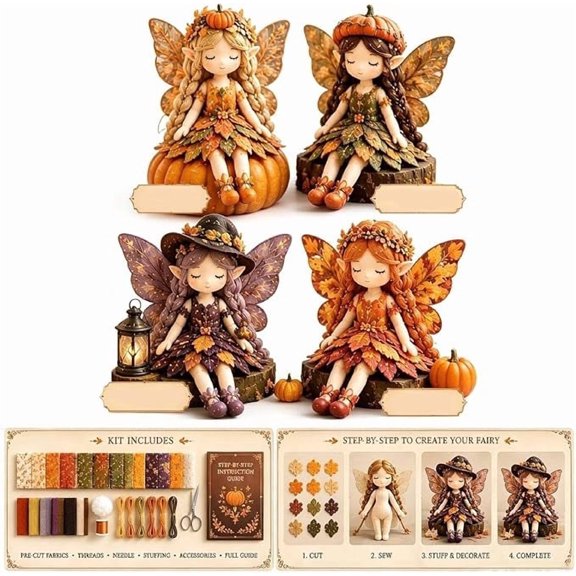 Fairy Patchwork DIY Collection, Needlework Sprite Embroidery Bundle, Handcrafted Pixie Apparel Textile, Artisanal Fabric Nymph Project, Creative Manual Sewing Craft,Pumpkin Fairies