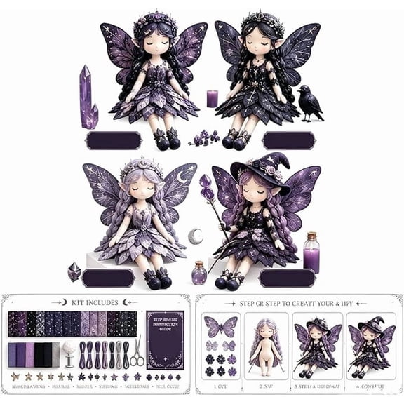 Fairy Patchwork DIY Collection, Patchwork Fairy DIY Kit, Make 4pcs Winged Elf Cloth Doll, DIY Sewing Kit for Adults & Beginners with Pre-Cut Materials,Dark Magic Fairies
