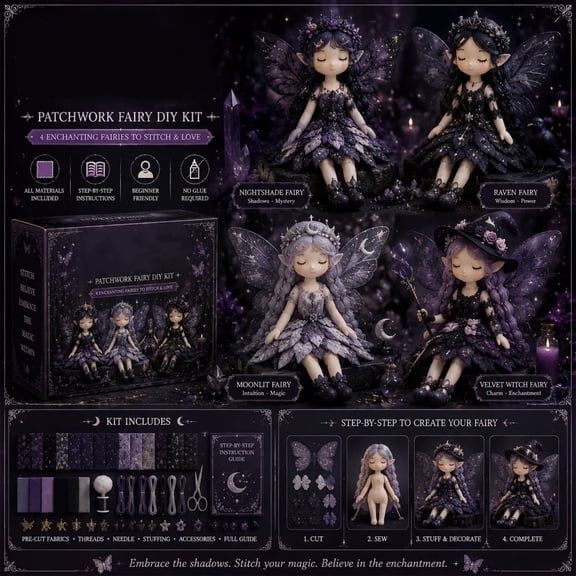Fairy Patchwork DIY Kit - Gothic Fairies - 2026 Fun Patchwork Sewing Collection, Handcrafted Pixie Apparel Textile, Artisanal Fabric Nymph Project, Creative Manual Sewing Craft for Girls