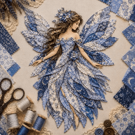 Fairy Patchwork DIY Kit, Premium Layered Fabric Handcraft Set, DIY Fantasy Fairy Art Making Kit for Bedroom & Craft Room Wall Decor Blue