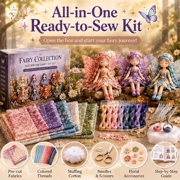 Fairy Patchwork DIY Kit for Beginners, Make 4 Elf Cloth Dolls with Pre-Cut Fabric, Embroidered Floral Details & Shimmering Wings, Summer Bloom Theme