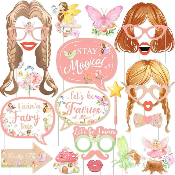 Fairy Photo Booth Props, Let’s Be Fairies Boho Theme Party Decorations for Girls Pink, Happy Birthday Baby Shower Bachelorette Party Decor Supplies Favors 24 Pieces