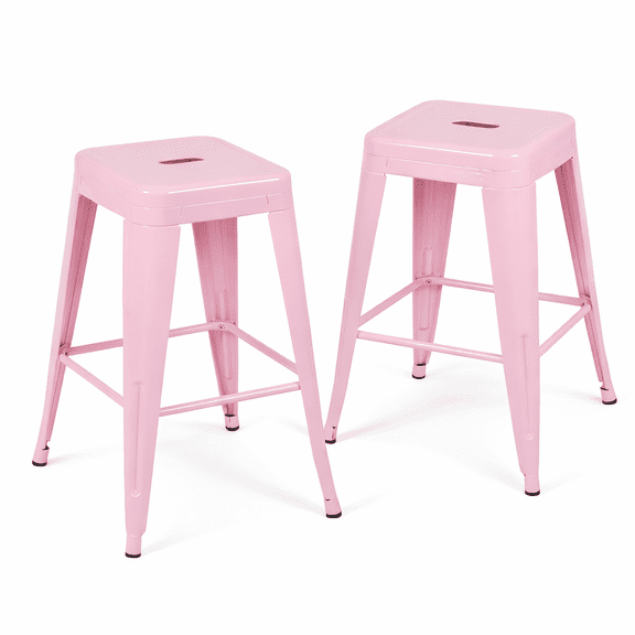Fairy Pink Metal Bar Stools Set of 2, 24 Inch Aesthetic Counter Stools, Cute Pink Studio Barstools for Makeup Room, Compact One-Piece Steel Chairs for Small Space