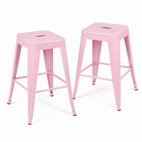 Fairy Pink Metal Bar Stools Set of 2, 24 Inch Aesthetic Counter Stools, Cute Pink Studio Barstools for Makeup Room, Compact One-Piece Steel Chairs for Small Space