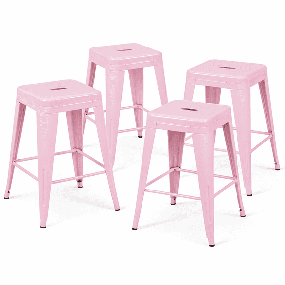 Fairy Pink Metal Bar Stools Set of 4, 24" Cute Aesthetic Barstools, Soft Pink Stackable Counter Stools for Makeup Room & Studio, Unique Stylish Kitchen Chairs for Girls' Room