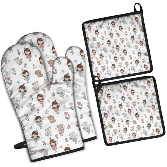 Fairy Princess Animal Pattern Kitchen Oven Mitt and Pot Holder Sets 2 Pcs for Baking, Cooking and Grilling, Heat Resistant Up To 392 °F
