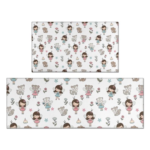Fairy Princess Animal Pattern Kitchen Rugs Sets Of 2,Anti Fatigue Kitchen Mat Rugs Non Slip Washable,Decorative Kitchen Floor Mats for Kitchen,Sink,Laundry,17"x30"+17"x47"