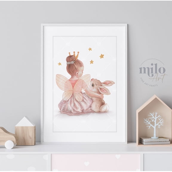 Fairy Princess Bunny Print, Girls Nursery Art, Unframed Paper Poster 8x10in