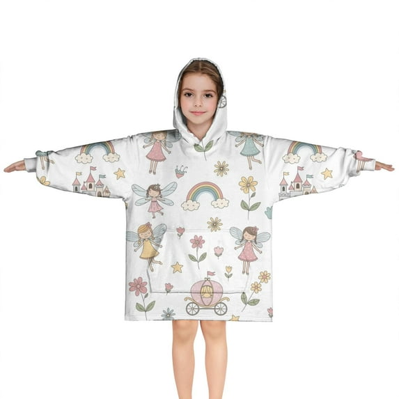 Fairy Princess Carriage Pattern Blanket Hoodies for Kids 6-13YR Oversize Wearable Blanket Hoodies for Boys Girls Teens