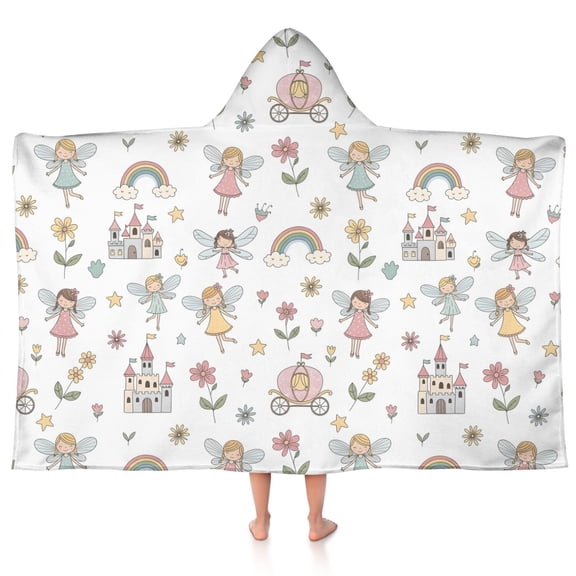 Fairy Princess Carriage Pattern Hooded Bath Towel，50"x30" for Ages 3 To 12 Kids, Quick Dry Lightweight Soft Microfiber Hood Beach Towel Cover Up for Kids