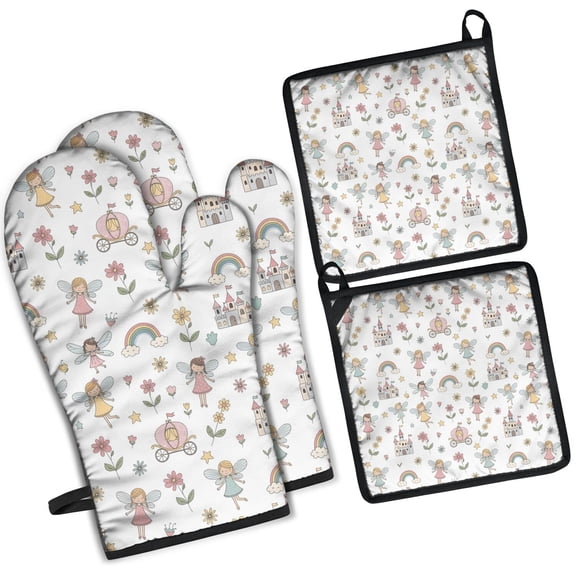 Fairy Princess Carriage Pattern Kitchen Oven Mitt and Pot Holder Sets 2 Pcs for Baking, Cooking and Grilling, Heat Resistant Up To 392 °F