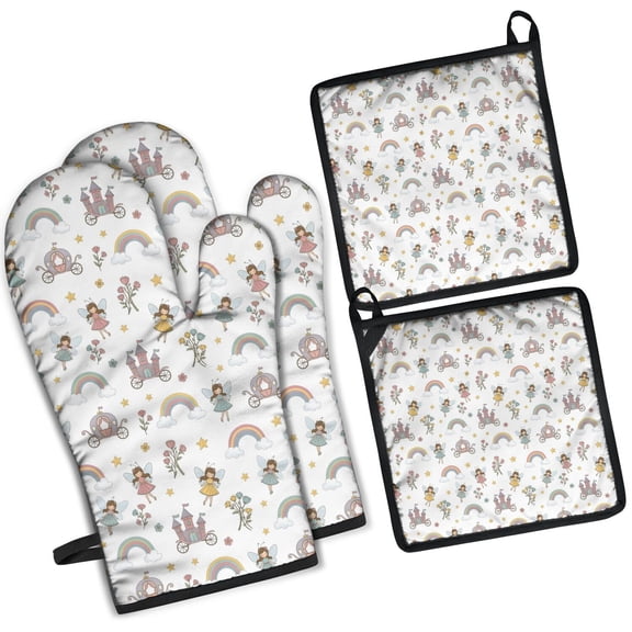 Fairy Princess Castle Pattern Kitchen Oven Mitt and Pot Holder Sets 2 Pcs for Baking, Cooking and Grilling, Heat Resistant Up To 392 °F
