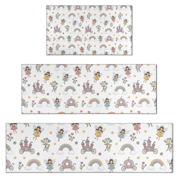 Fairy Princess Castle Pattern Kitchen Rugs Sets Of 3,Kitchen Runner Rugs Non Skid Washable,Decorative Kitchen Floor Mats for Kitchen,Sink,Laundry,17"x30"+ 17"x47" + 17"x59"