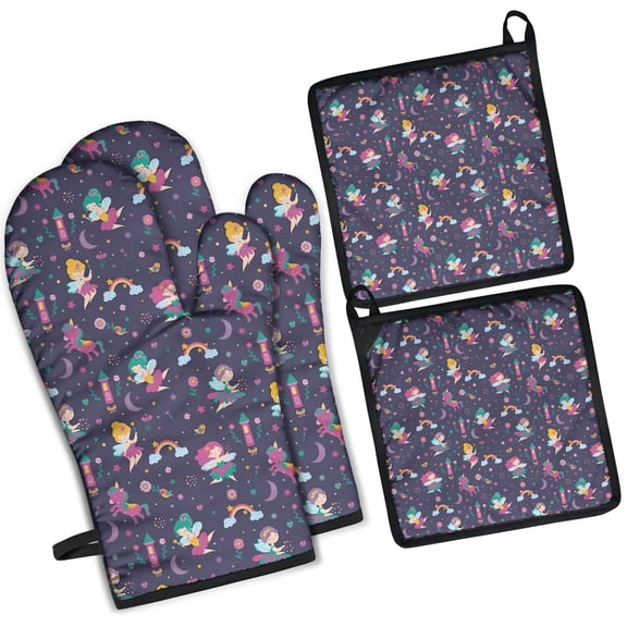 Fairy Princess Magic Pattern Kitchen Oven Mitt and Pot Holder Sets 2 Pcs for Baking, Cooking and Grilling, Heat Resistant Up To 392 °F
