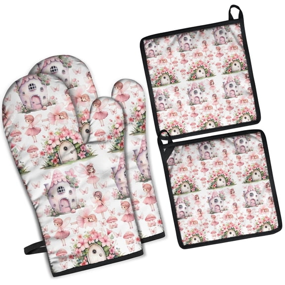 Fairy Princess Mushroom Pattern Kitchen Oven Mitt and Pot Holder Sets 2 Pcs for Baking, Cooking and Grilling, Heat Resistant Up To 392 °F