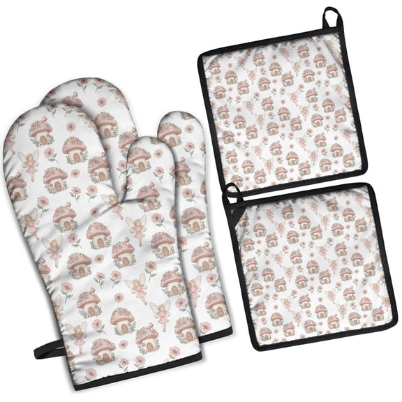 Fairy Princess Mushroom Pattern Kitchen Oven Mitt and Pot Holder Sets 2 Pcs for Baking, Cooking and Grilling, Heat Resistant Up To 392 °F
