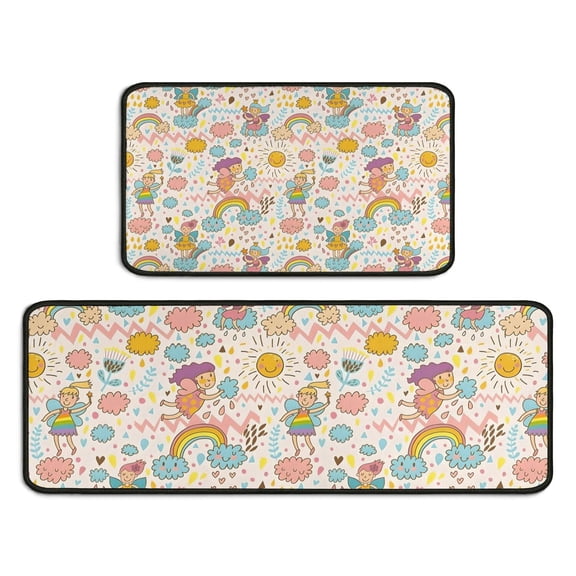 Fairy Princess Rainbow Pattern Kitchen Rugs Sets Of 2,Anti Fatigue Kitchen Mat Rugs Non Slip Washable,Decorative Kitchen Floor Mats for Kitchen,Sink,Laundry,17"X30"+17"X47"