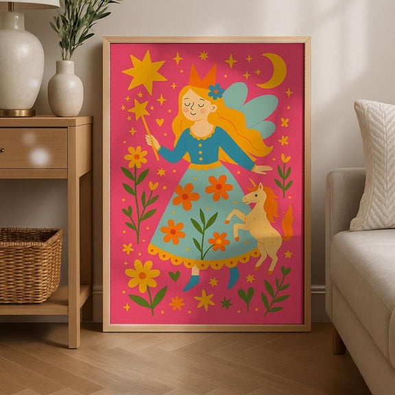 Fairy Princess Unicorn Print, Pink Nursery Art, Unframed Paper Poster 24x36in