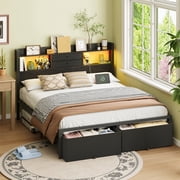 Fairy Queen Bed Frame with Storage Headboard, LED Lights, Charging Station and 2 Drawers, Metal Platform Bed, No Box Spring Needed, Black