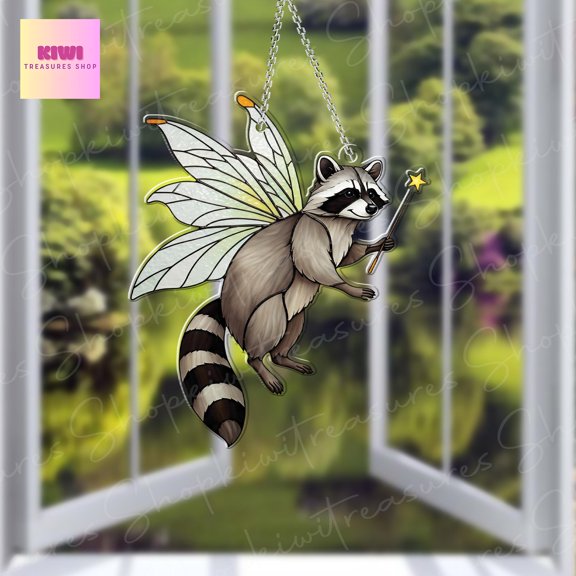 Fairy Raccoon Acrylic Suncatcher Funny Trash Animal Window Hanging