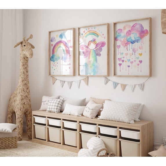 Fairy Rainbow Nursery Wall Art Girl Room Decor Cute Playroom Prints Pastel Heart Art Set 3 Unframed Paper Print 8x12